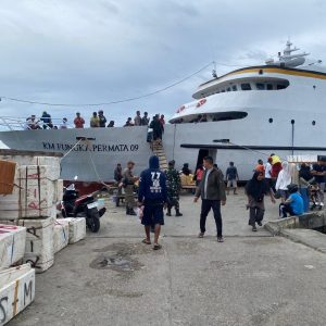 Seorang Turis yang Memandangi Pelabuhan Salakan pada Pelayaran Perdana Pascalebaran Idulfitri